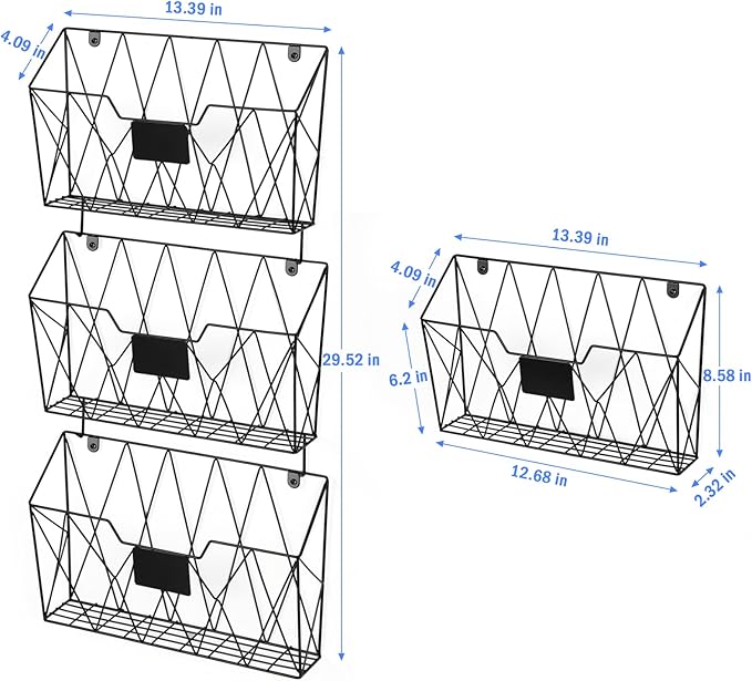 Hanging File Holder Wall File Organizer Holder, 6 Pockets Wall Mount Vertical Magazine Rack with Hooks for Office Home, Black