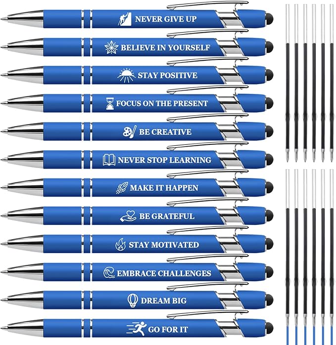 Inspiring Pen Set - 12 Inspirational Quote Ballpoint Pens with 12 Refills, Blue Ink - Motivational Gifts for Office & School | Encouragement Gifts for Men & Women, Blue