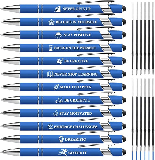 Inspiring Pen Set - 12 Inspirational Quote Ballpoint Pens with 12 Refills, Blue Ink - Motivational Gifts for Office & School | Encouragement Gifts for Men & Women, Blue