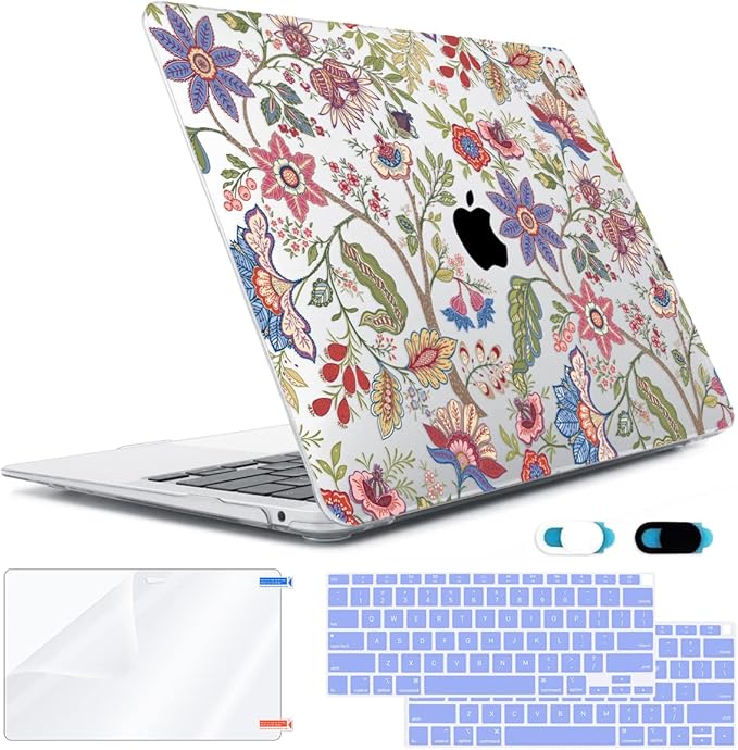 Compatible with MacBook Air 13 inch Case 2022 2021 2020-2018 Release M1 A2337 A2179 A1932 with Touch ID, Hard Print Case + Keyboard Skin + Webcam Cover + Screen Protector, Vintage Flowers