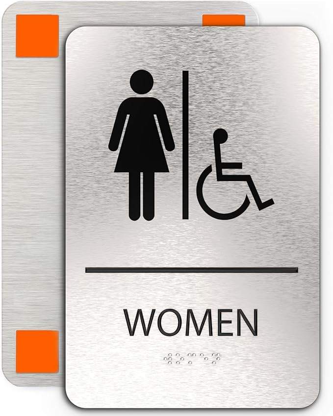 ADASigns Women Restroom Sign – 6" x 9" Durable Brushed Aluminum with Braille – Easy Installation with Strong Adhesive Tape – Weatherproof, ADA Compliant Bathroom Sign for Home, Office, & Business