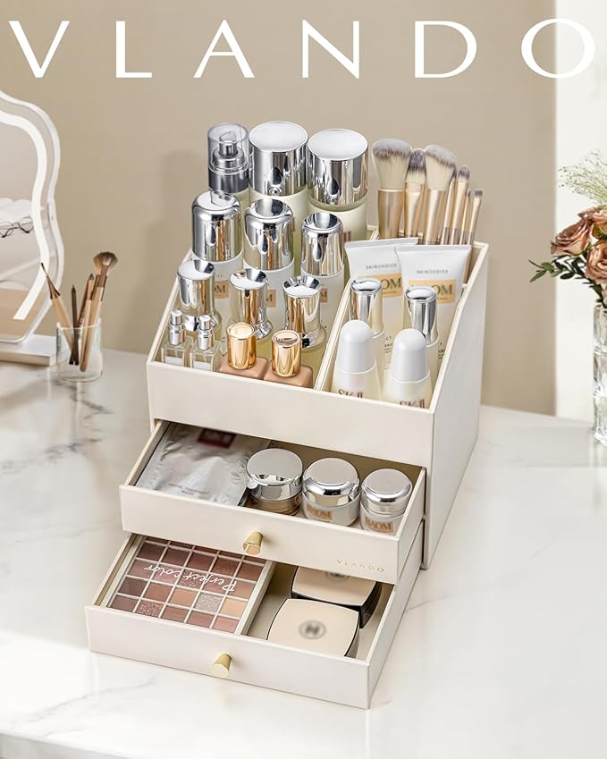 Vlando Makeup Organizer for Vanity,Large Capacity Countertop Organizer with Drawers, PU Leather Cosmetic Display Case for Lipstick,Brushes,Skincare,Bedroom Storage (Beige)