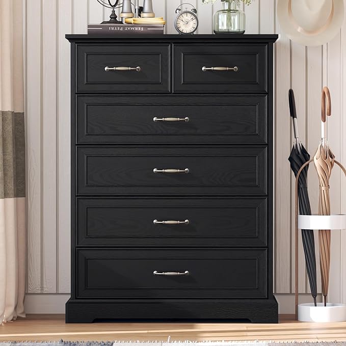 6 Drawer Dresser for Bedroom, 43" Tall Wooden Chest of Drawers, Rustic Farmhouse Dresser with Large Drawers & Metal Handles, Modern Storage Organizer for Closet, Living Room, Hallway, Black