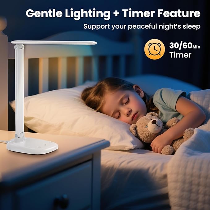 LED Desk Lamp with USB Charging Port, Stepless Dimmable Study Lamp with 5 Color Modes, Touch Control, Timer, Foldable Desk Lights for Home, Office, Bedroom
