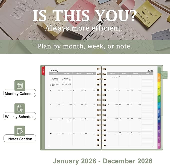 EMSHOI 2026 Planner - Weekly and Monthly Calendar (Jan-Dec), A5 (5.7"x8.3") Hardcover, 100GSM Thick Paper, PVC Cover, Inner Pocket, Colorful Tabs, Note Pages for Work School Home, Light Green