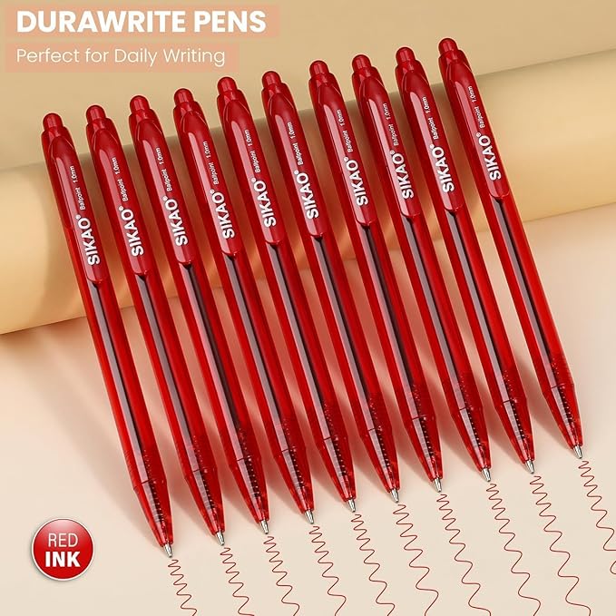 Red Pens Bluk | 30 Pack Durawrite Retractable Ballpoint Smooth Writing | Ball Point Click Pens Red Ink 1.0mm with Clear & Vivid Lines for Servers School Office Supplies, Lapiceros