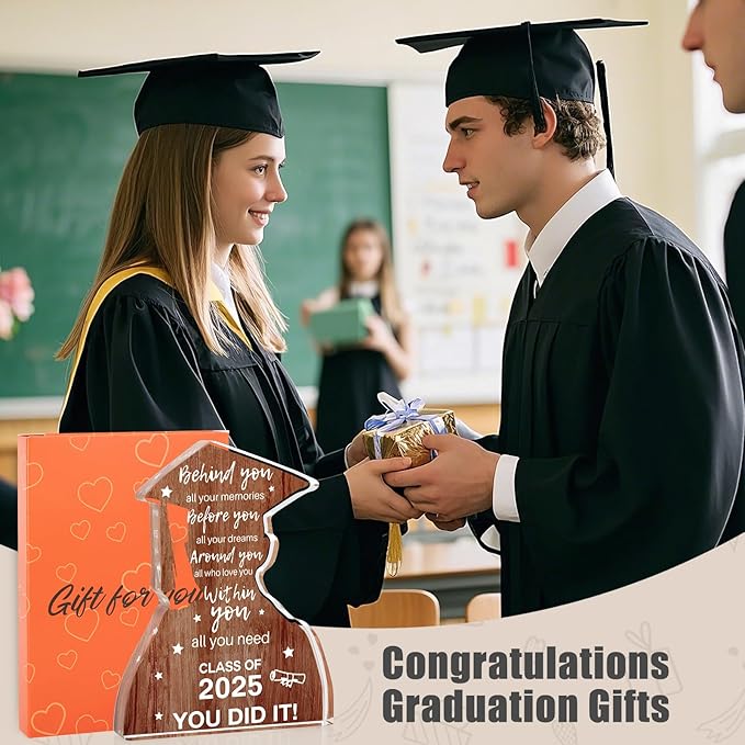 2025 Graduation Gifts for Him Class Of 2025 College Graduation Decoration, Inspirational Positive Congratulations Graduation Quote Behind You All Your Memories Card Wood-Like Acrylic Plaque Desk Decor