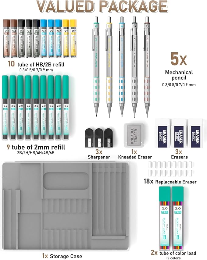 Nicpro 36PCS Blocky Gear Mechanical Pencil Set with Case, Metal Mechanical Pencils 0.3, 0.5, 0.7, 0.9, 2mm Lead Holder for Art Drawing Sketching with 21 Tubes (6B 4B 2B HB 2H 4H Colors) Lead Refills