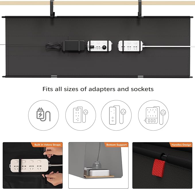 Under Desk Cable Management Tray - 48" Cord Organizer for Desk No Drill, Fabric Under Table Wire Organizer with 16X Cable Ties Hide for Office/Home, Cord Hider Fits Adapters & Sockets, Black