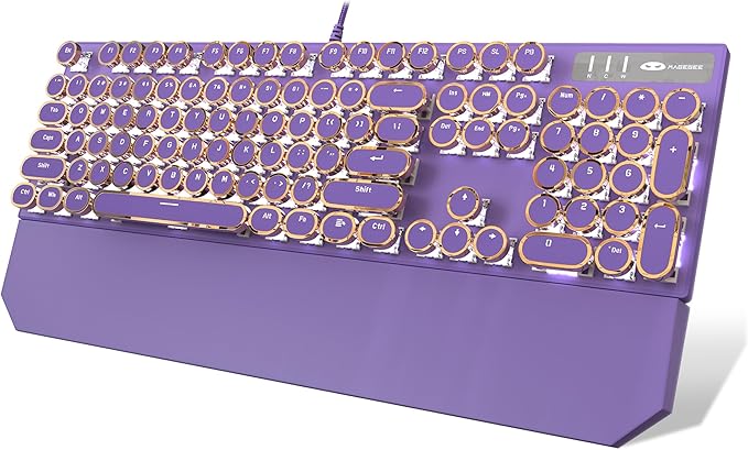 Camiysn Typewriter Style Mechanical Gaming Keyboard, Purple Retro Punk Gaming Keyboard with White Backlit, 104 Keys Blue Switch Wired Cute Keyboards, Round Keycaps for Windows/Mac/PC