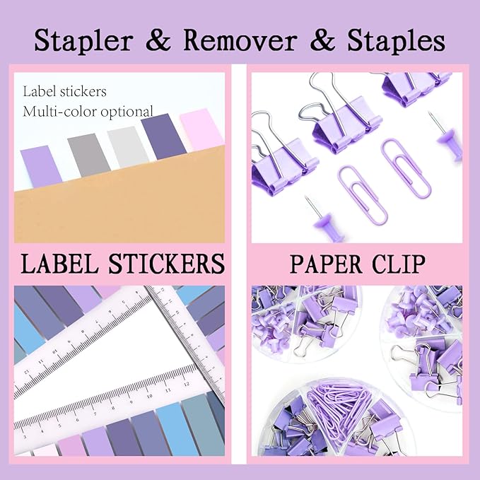 Purple Office Supplies Set, UPIHO Stapler and Tape Dispenser Set, Office Desk Accessories Kit with Stapler, Tape, Remover, Staples, Clips, Scissor and Tabs for Women, Clerks…