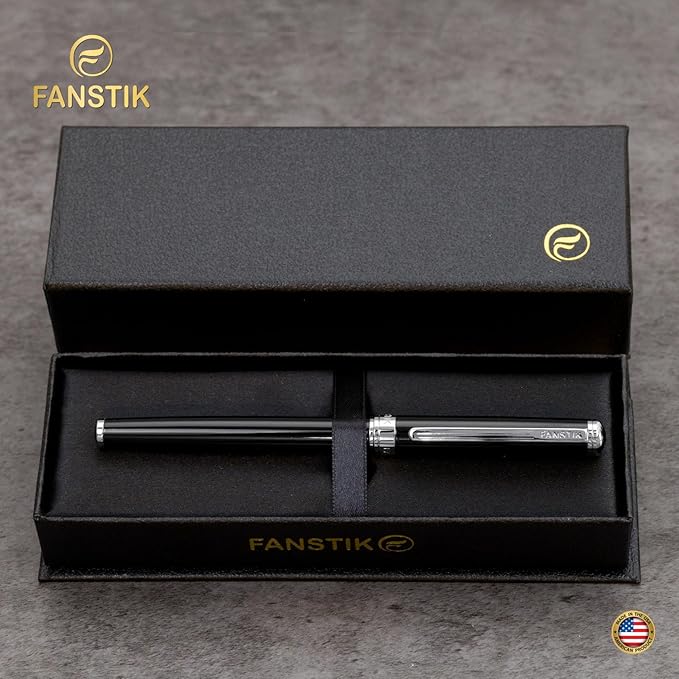 Customized Black & Silver Luxury fountain pen (Made In USA) fancy gift set for women, Chrome Finish, Professional executive pen gift set for men (Lux Custom-fountain Black-Silver)