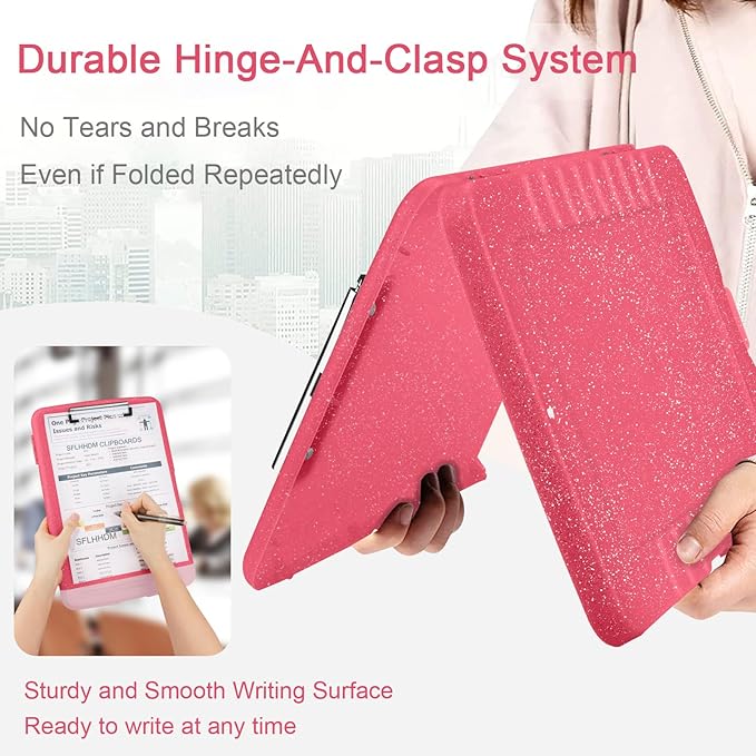Glitter Clipboard with Storage,Storage Clipboard with Pen Holder,A4 Binder Clip Boards 8.5x11 with Low Profile Clip,Side Opening Sparkle Clipboards,Clipboards Folder for Office Supplies-Rose Red
