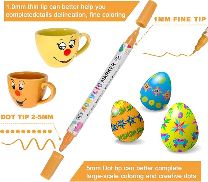 24 Colors Acrylic Paint Pens, Dual Tip Acrylic Paint Markers for Paper, Wood, Canvas, Stone, Rock Painting, Glass, Fabric, DIY, Ceramic, Art Supplies for Kids and Adults Drawing (Dot + Fine)