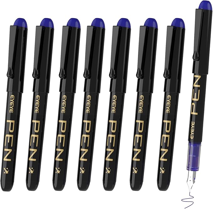 EYEYE Fountain Pens for Writing, 8 Pack Blue Fine Point Pens Disposable Fountain Pens Stainless Steel Nib, Smooth Writing for Journaling, Drafting, Sketching, Doodling & Office Supplies