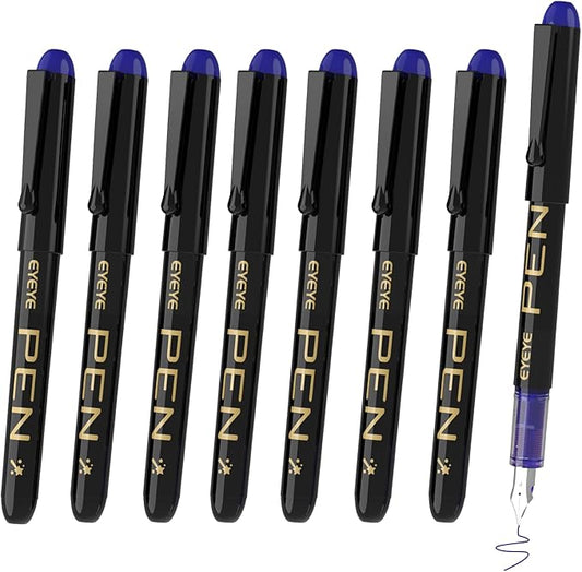 EYEYE Fountain Pens for Writing, 8 Pack Blue Fine Point Pens Disposable Fountain Pens Stainless Steel Nib, Smooth Writing for Journaling, Drafting, Sketching, Doodling & Office Supplies