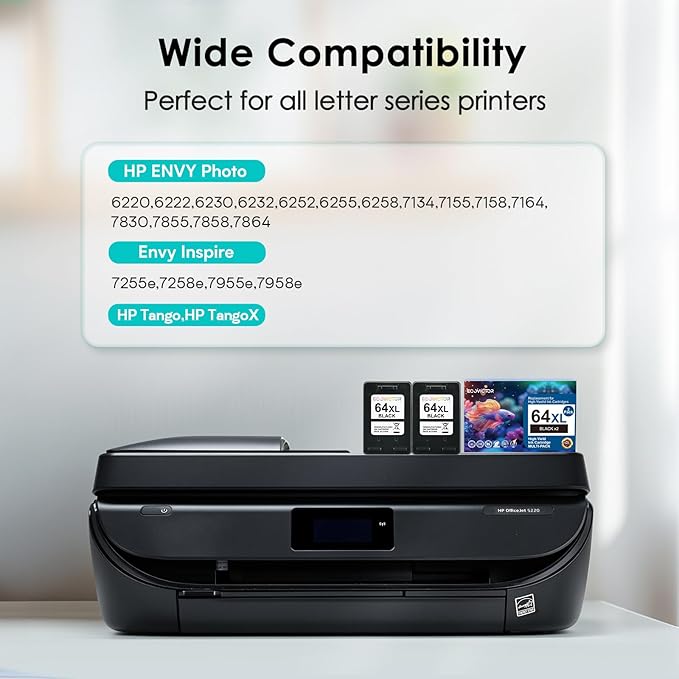 Remanufactured Ink Cartridge Replacement for HP Ink 64 Black HP64 XL HP64XL for Envy Photo 7858 7855 7120 7155 7100 7158 7164 6255 6252 6232 7800 Inspire 7200e 7900e 7955e Tango X Printer