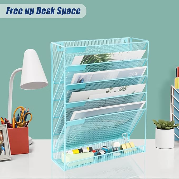 EASEPRES Desk File Organizer Mesh 6-Tier, Hanging Wall Mount Document Organization Stand, Desktop Vertical Mail Paper Folder Holder Rack with Bottom Tray for Office Home Cubicle Countertop, Blue