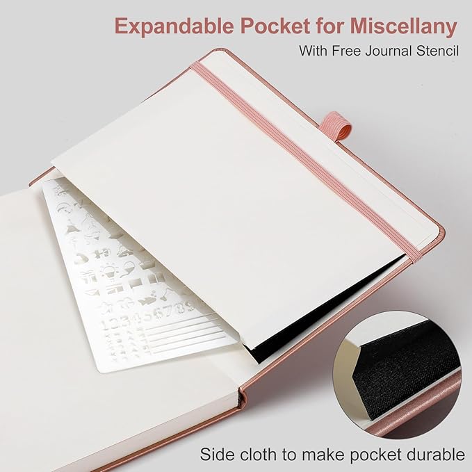 AHGXG Bullet Dotted Journal - 150 GSM Dot Grid Notebook Journal, Thick Acid-Free Paper, A5 Dotted Notebook 128 Pages, Leather Hardcover, Inner Pocket, Journal Stencil, 5.7'' × 8.3'' - Rose Gold