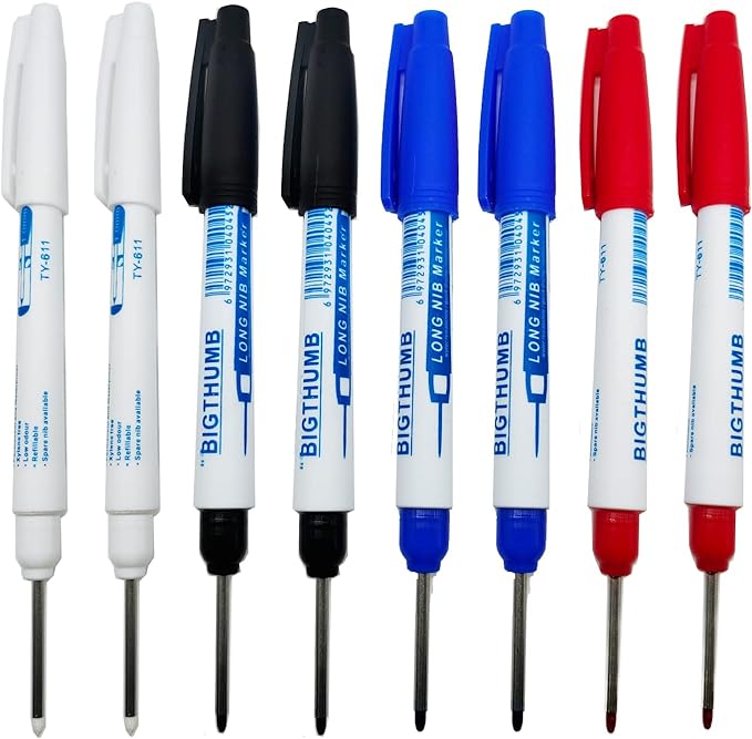 8pcs Waterproof Deep Reach Markers, Long Nose in 2mm Felt Tip, 30mm Reach Permanent Pens, Deep Hole Carpenter Ink for Builders Construction