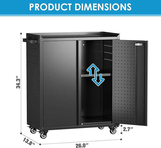 Aobabo 34.3" H Garage Storage Cabinet with Wheels,Lockable Metal Storage Cabinet with 2 Doors for Garage Home Office Storage,Black,Assembly Required