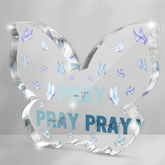 Blue Religious Plaques Christian Woman Decor Gifts, Blue Christian Gifts for Women, Modern Home Office Room Bathroom Bedroom Desk Accessory -Pray On It Pray Over It -Bible Verse Sign(Butterfly)