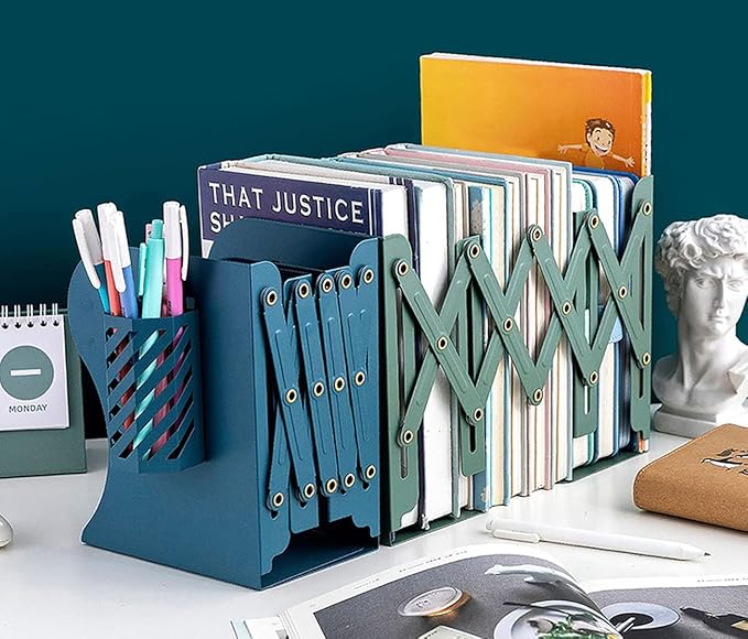 Kingsmile Book Ends, Adjustable Bookends for Shelves, Metal Bookends for Heavy Books, Book Stopper Organzier with Pen Holder for Desk, Kids Room, Office, Classroom, Library, Study Room.(Green)