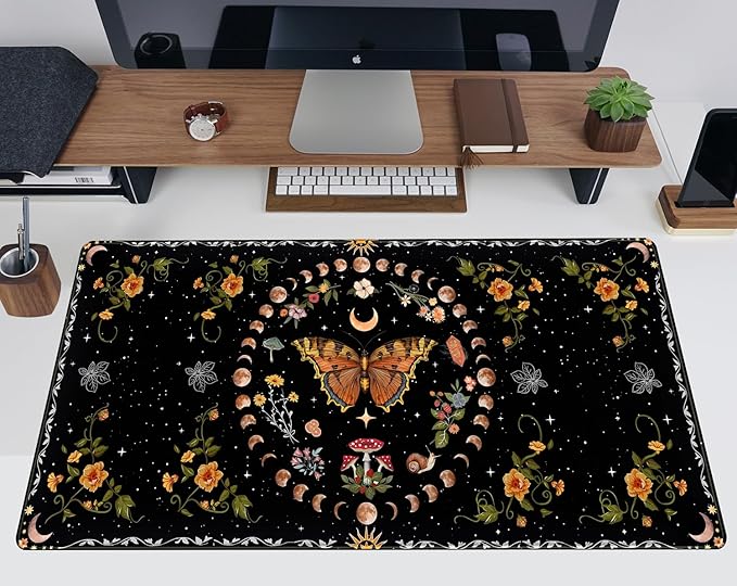 Moth Desk Pad Mushroom Phase Moon Phase Desk Mat, Boho Flowers and Leaves Computer Big Mouse Pad Washable Cloth Non-Slip Rubber Base Keyboard Pad Mouse Mat for Office with Stitched Eges 31.5x15.7 in