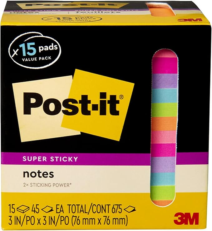 Post-it Super Sticky Notes, Assorted Bright Colors, 3x3 in, 15 Pads/Pack, 45 Sheets/Pad, 2X The Sticking Power, Recyclable, Multi-Color