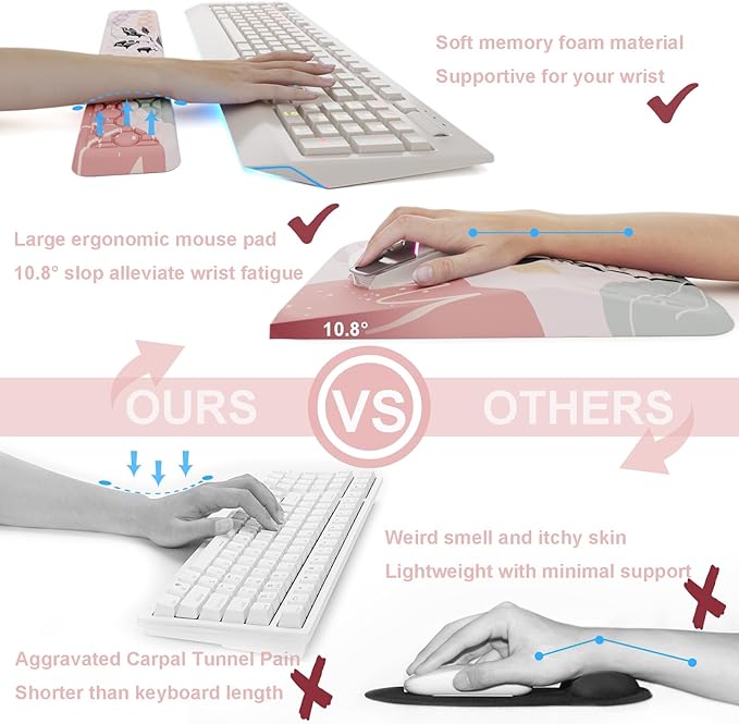 Ospelelf Mouse Pad with Wrist Rest and Keyboard Wrist Rest, Ergonomic Wrist Rest for Computer, Office, Gaming, Pink