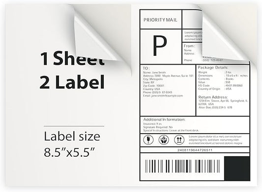 2000 Sheet (4000 Labels) | 8.5" x 11" 2 UP Half Sheet Self Adhesive Shipping Labels for Laser & Inkjet Printers | Ecommerce, Address, Mailing, Labeling, Packaging