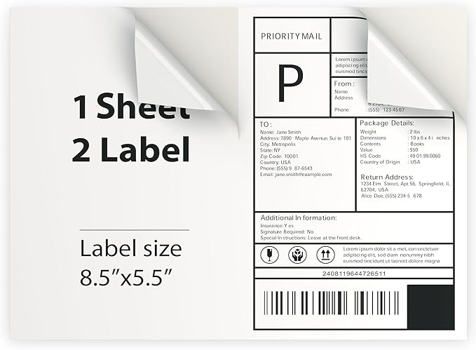 200 Sheet (400 Labels) | 8.5" x 11" Half Sheet Self Adhesive Shipping Labels for Laser & Inkjet Printers | Ecommerce, Address, Mailing, Labeling, Packaging