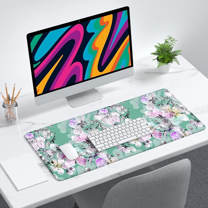 Desk Mat, 32" x 12" XXL Extended Large Gaming Mouse Pad, Desktop Decor Desk Pad, Cute Men Women Office Supplies and Accessories, XL Mouse Mat for Laptop & Keyboard, Green Pink Peach Blossom