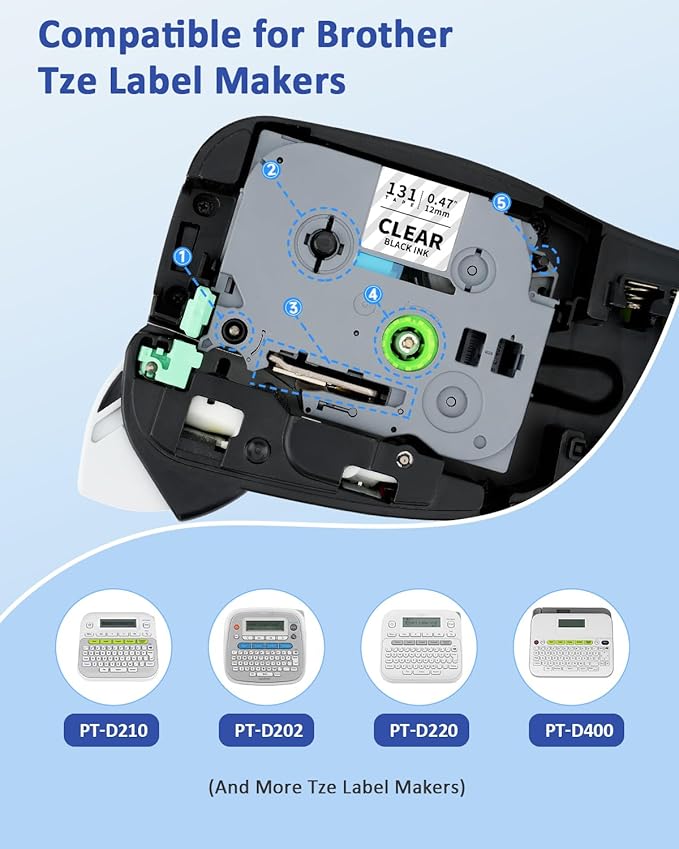 Tz-131 12mm 0.47 Laminated Clear TZ Tape Compatible for Brother P-Touch TZe-131 TZe Label Tape Black on Clear Label Maker Refills Work for Ptouch PT-D220 PT-H110 Pt-D210, 1/2 Inch x 26.2 ft, 4-Pack