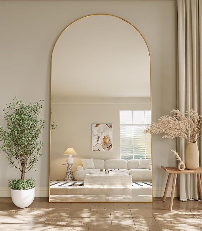 Oversized Full Body Mirror 35x78 inch Arched Full Length Mirror with Stand Aluminum Wall Mounted Hanging or Leaning Standing Mirrors,Gold