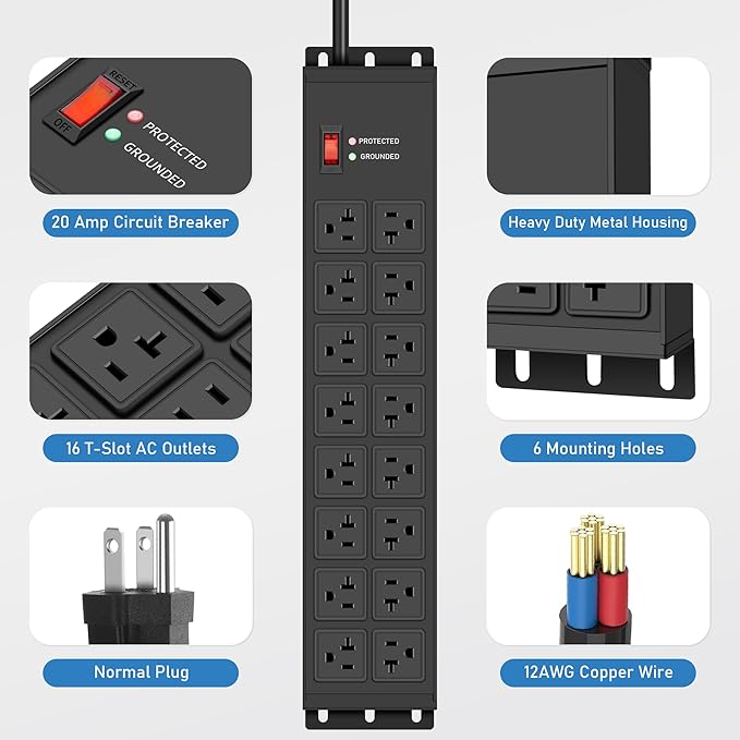 JUNNUJ Heavy Duty 20 Amp Power Strip 4800J, 16 Outlets 12 Gauge Garage Industrial Surge Protector, High Amp 5-15P Adapter Shop 6-20R T-Slot Metal Outlet, 15 FT Extension Cord Commercial for Appliance