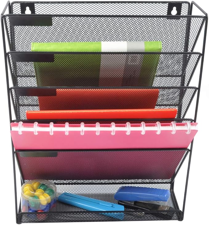 EASEPRES Hanging File Holder Organizer, 6 Tier Mesh Metal Wall Mount Document Letter Tray Organizer for Office Home, Black