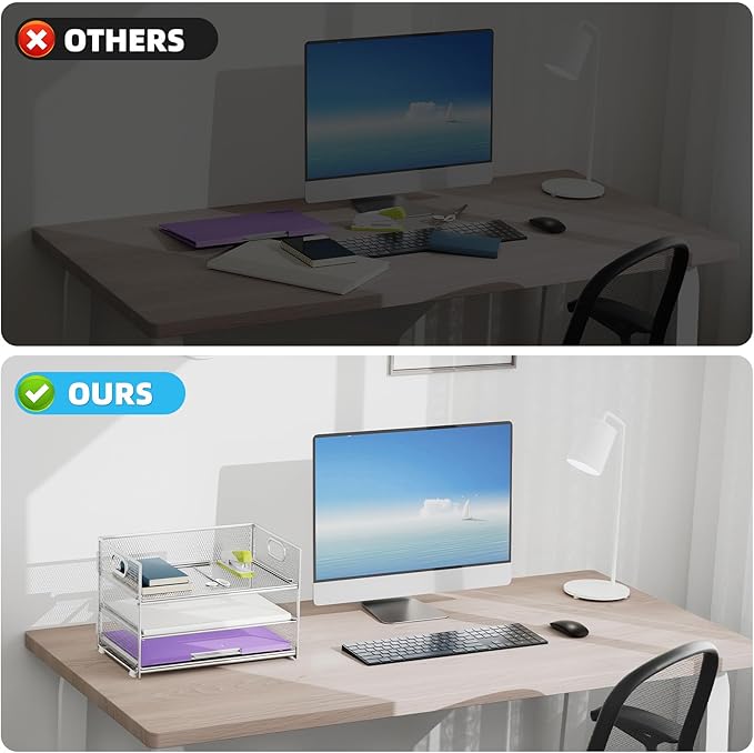 Marbrasse 3 Tier Paper Organizer Letter Tray, Mesh File Organizer with Handle, Paper Sorter Desk Organizer for Home Office Supplies - Silver