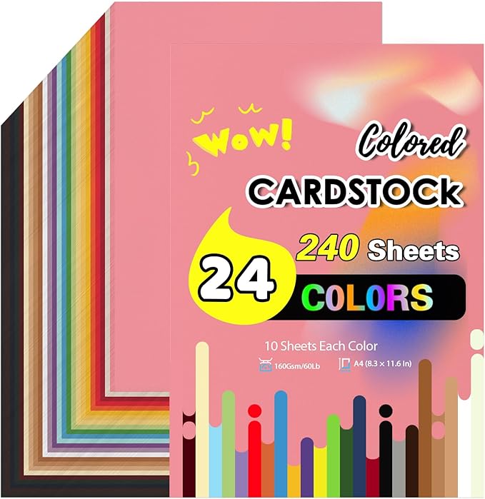 240 Pcs Colored Cardstock Paper Bulk, 24 Colors Card Stock 160 Gsm 60 Lb Colored Paper, 8.5×11 Color Cardstock for Printing Scrapbook Diy