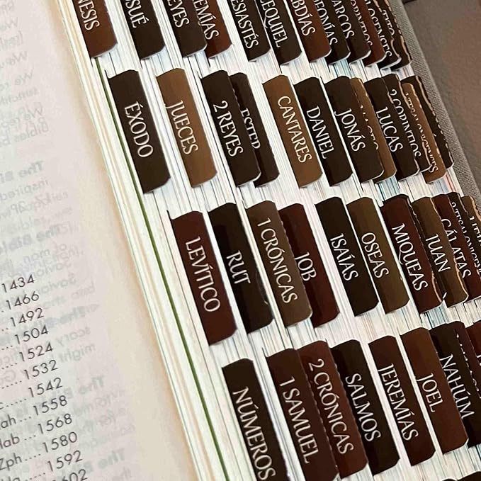 Spanish Laminated Bible Tabs, pestañas para biblia en español, Reposition Large Print Stickers, Easy to Read and Apply Bible Tabs for Women and Man- Earthy Brown Spanish