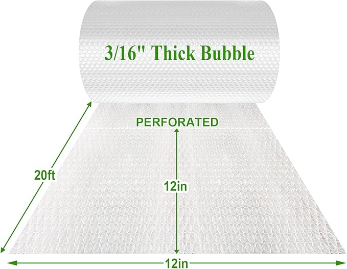 A&A Heavy-Duty Bubble Wrap Cushioning Roll – 12”x20’ Perforated Every 12”, Tear-Resistant Packing Wrap for Moving, Shipping & Storage Made in USA