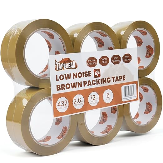 TAPEBEAR Low Noise Brown Packing Tape 72 Yards Extra Length, 1.88Inch-Wide Packaging Tape Refills, Secure Sticky Brown Tape 2.6Mil Heavy Duty for Moving, Shipping, Sealing, 6Rolls Total 432Yards