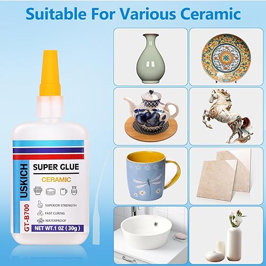 Super Glue for Porcelain and Pottery Repair with Anti Clog Cap. 6 x 1 fl oz,CA Glue - Clear Ceramic Repair Adhesivefor Dishes, Tiles, DIY Crafts, Quick Dry
