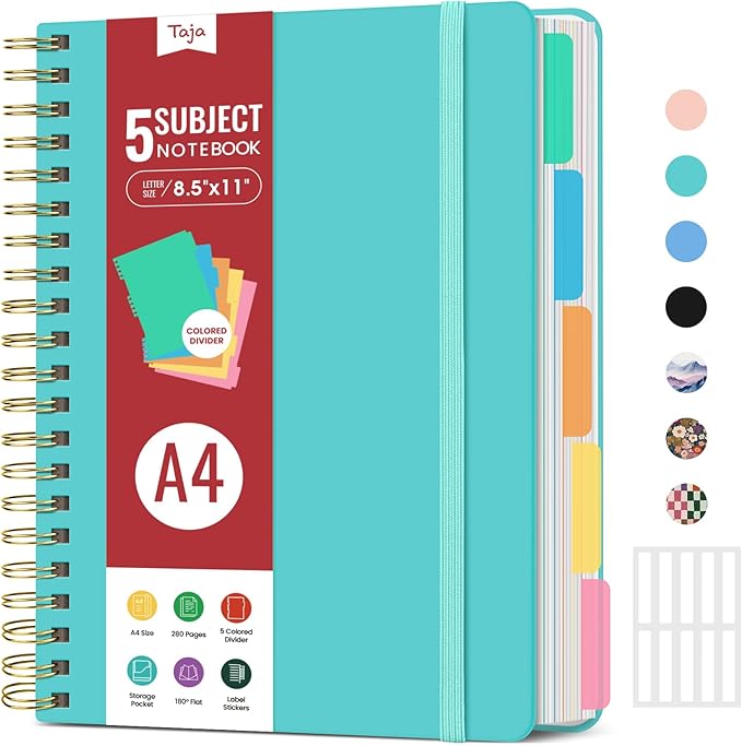 Hardcover Spiral Journal Notebooks for Work With Removable Dividers & Tabs, 8.5"x11" 5 Subject Notebook for Note Taking & Organizer, A4 College Ruled Lined Journal for Women & Writing, Aquamarine, 280 Pages