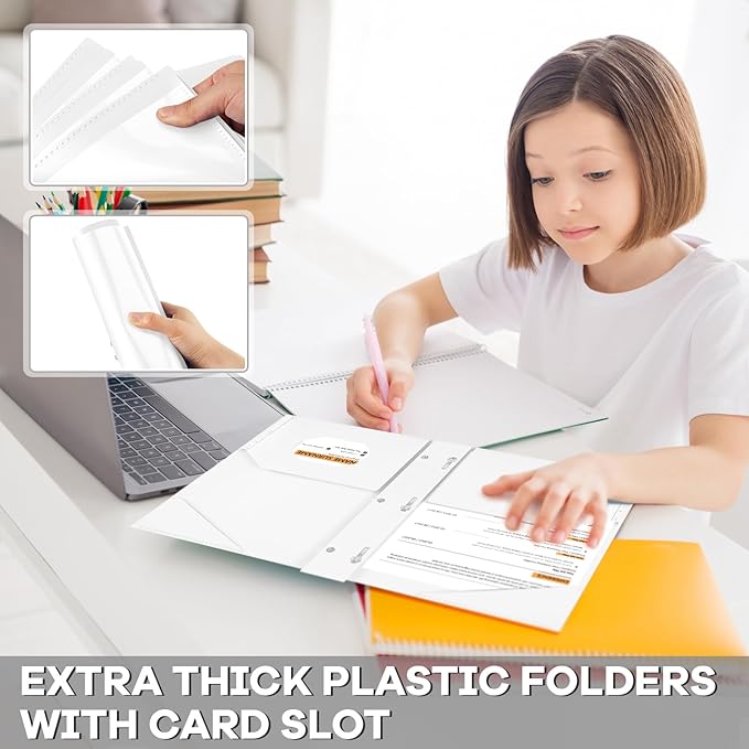 Henoyso 36 Pcs Plastic Folder with Clear Front Pocket and 3 Prong Plastic Folders with Card Slot Pocket Folders with Prongs for School Office (White)