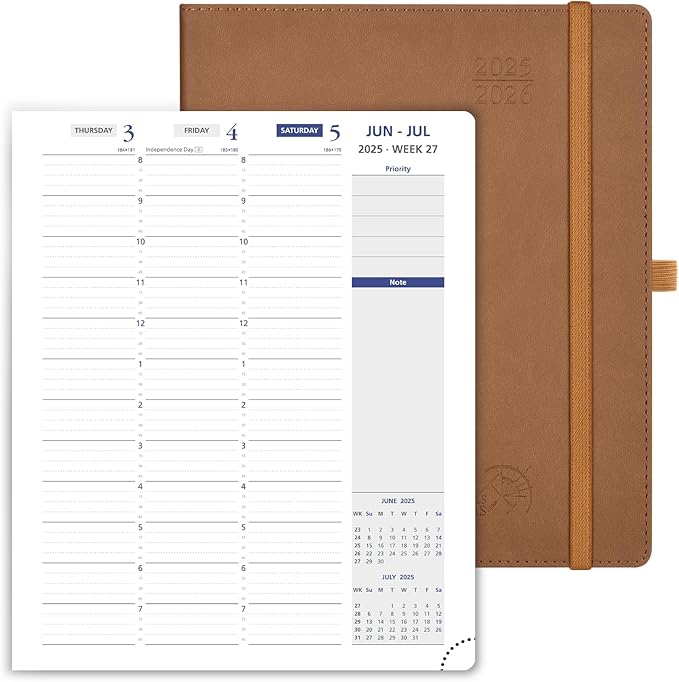 POPRUN Weekly Planner 2025-2026, 7.25'' x 8.5'', 15-Minute Hourly Appointment Book (July 2025-June 2026) with PU Leather Softcover, Monthly Tabs, Inner Pocket - Brown
