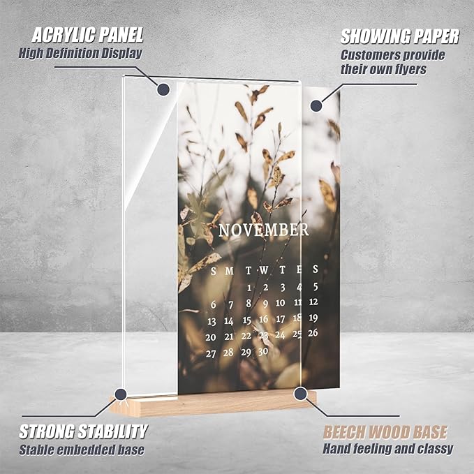 Acrylic Sign Holder 5.5x8.5 with Wood Base, Clear T shape Table Display Stands for Office, House, Store, Restaurants, and Event use, Double side Flyer Holder for Ads, Menu, Picture etc.(6 packs)
