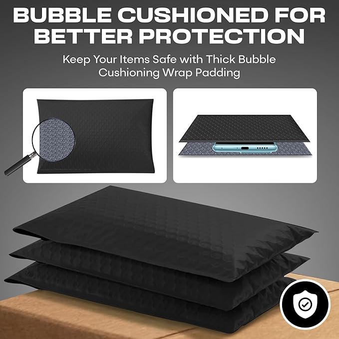 Black 12.5x19.5 Inch Large Poly Bubble Mailers #6 | Padded Envelopes with Self Seal | Air Lined Cushioned Bubble Mailer | Usable Size 12.5x15 | 100 Pack Bulk | Lightweight shipping Bags