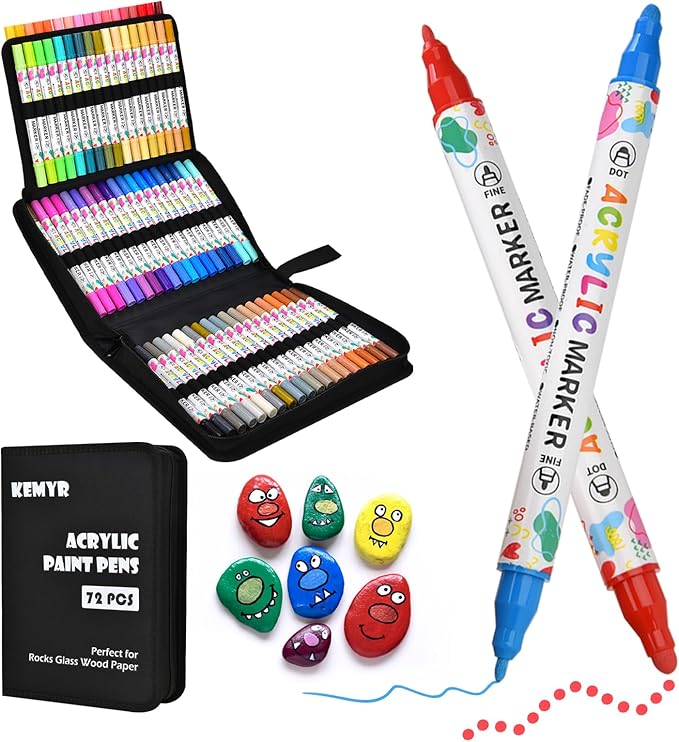72 Colors Acrylic Paint Pens, Dual Tip Acrylic Paint Markers for Paper, Wood, Canvas, Stone, Rock Painting, Glass, Fabric, DIY, Ceramic, Art Supplies for Kids and Adults Drawing (Dot + Fine)