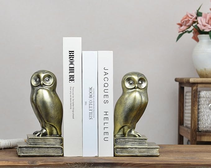 Vintage Gold Owl Bookends,Resin Animal Decorative Book Ends for Shelves,Book Holder with Anti-Slip Base,Luxurious Bird Bookends for Kids Rooms Office Home Decor,Unique Book Lover Gift